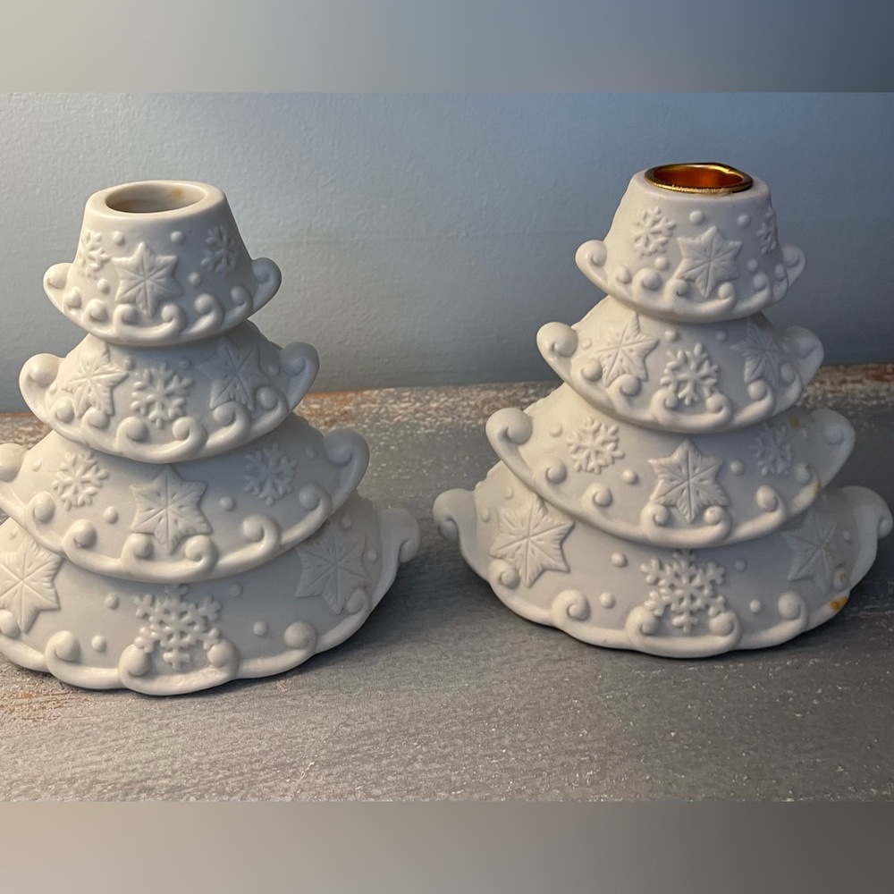 Two Chalk Ceramic Christmas Tree Taper Holders